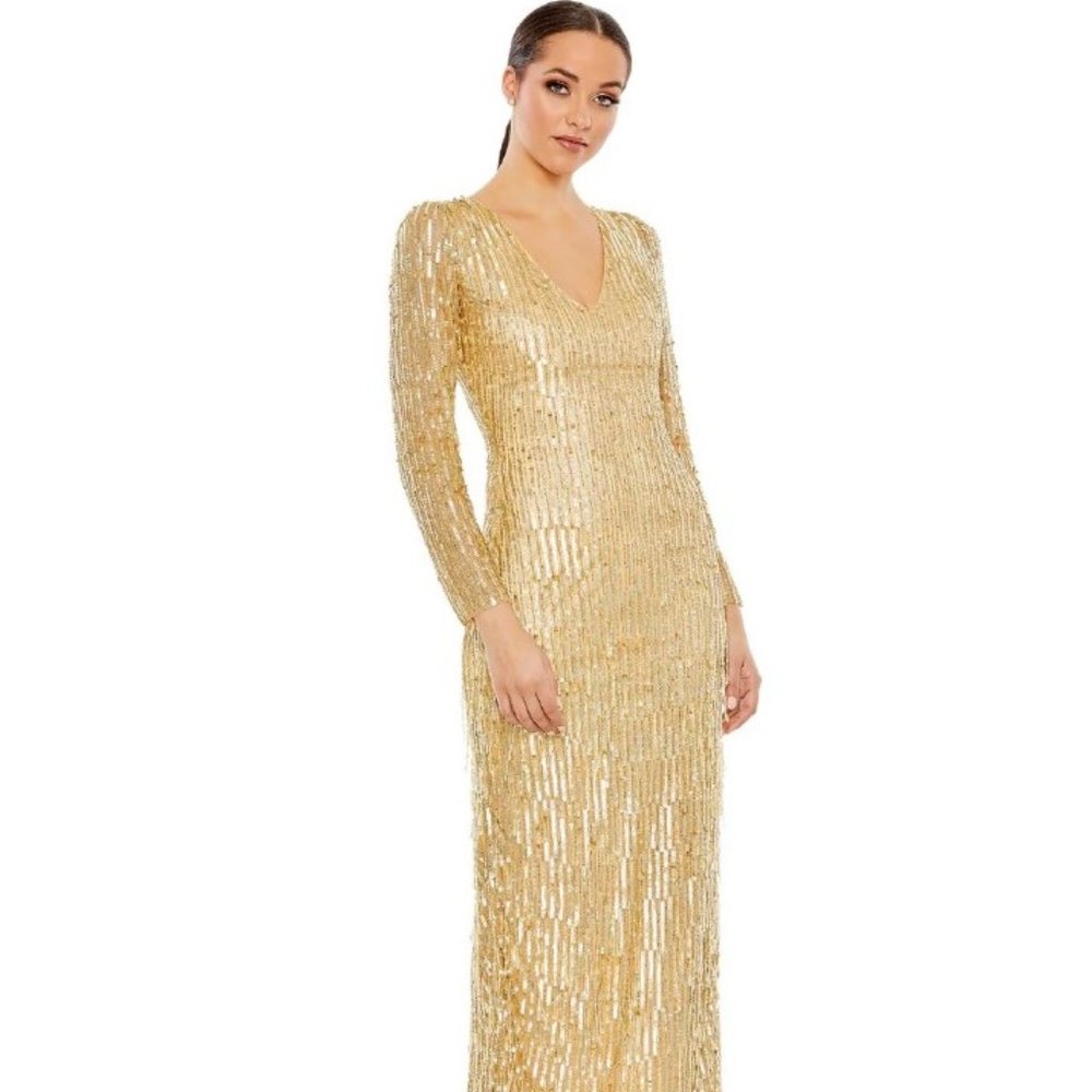 NWT Gorgeous Mac Duggal Gold Gown, Sequined AND Beaded, Size 14